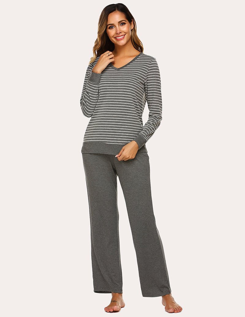 Women’s striped pajama top and solid pants set, V-neck striped top with gray pants