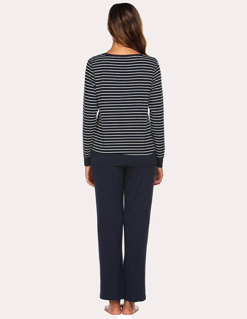 Navy striped long-sleeve pajama top and solid navy pants, back view