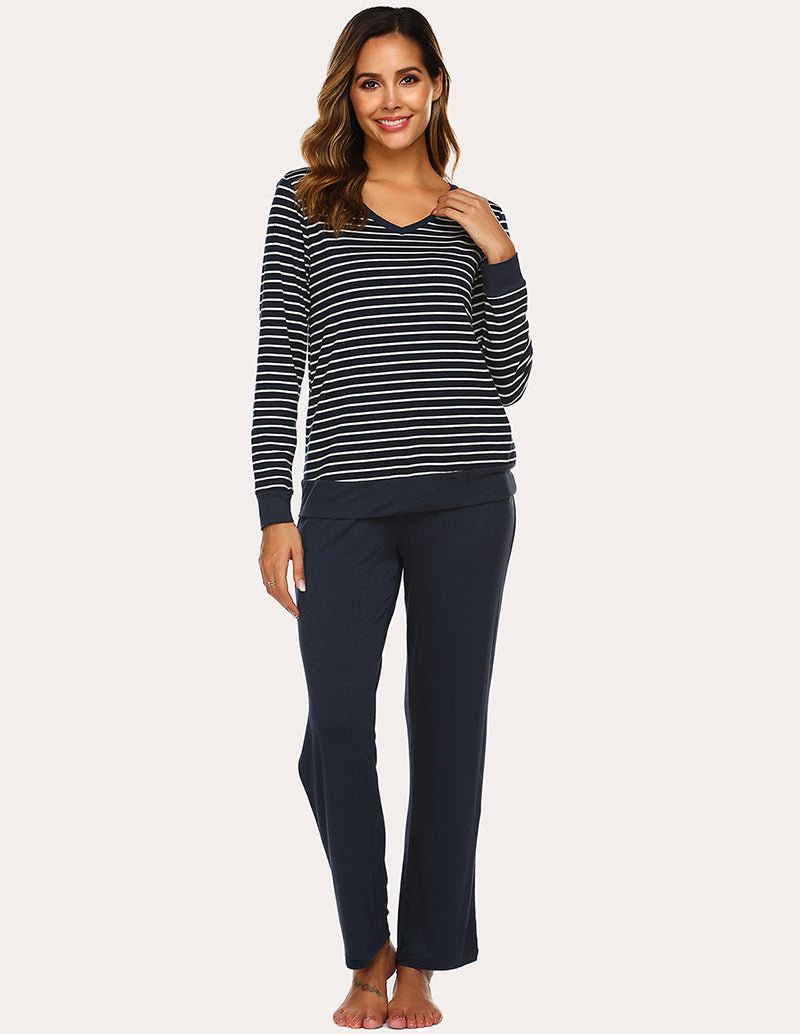 Navy striped pajama set with long-sleeve V-neck top and solid navy pants