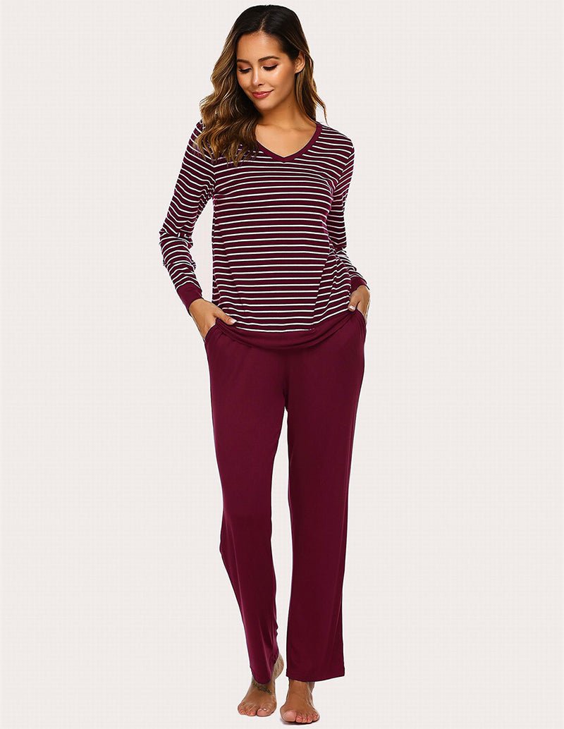 Wine red striped V-neck pajama top with solid wine pants, full-length front