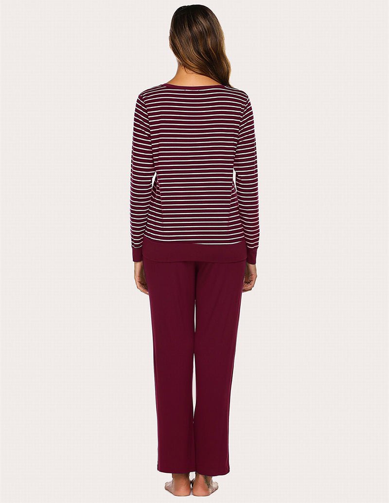 Wine red striped long-sleeve pajama top and solid wine pants, back view