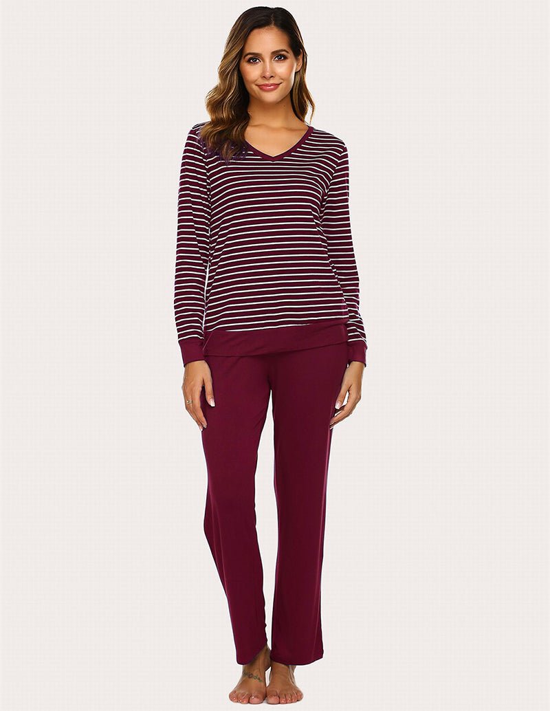 Wine red striped V-neck pajama set with long-sleeve top and solid wine pants