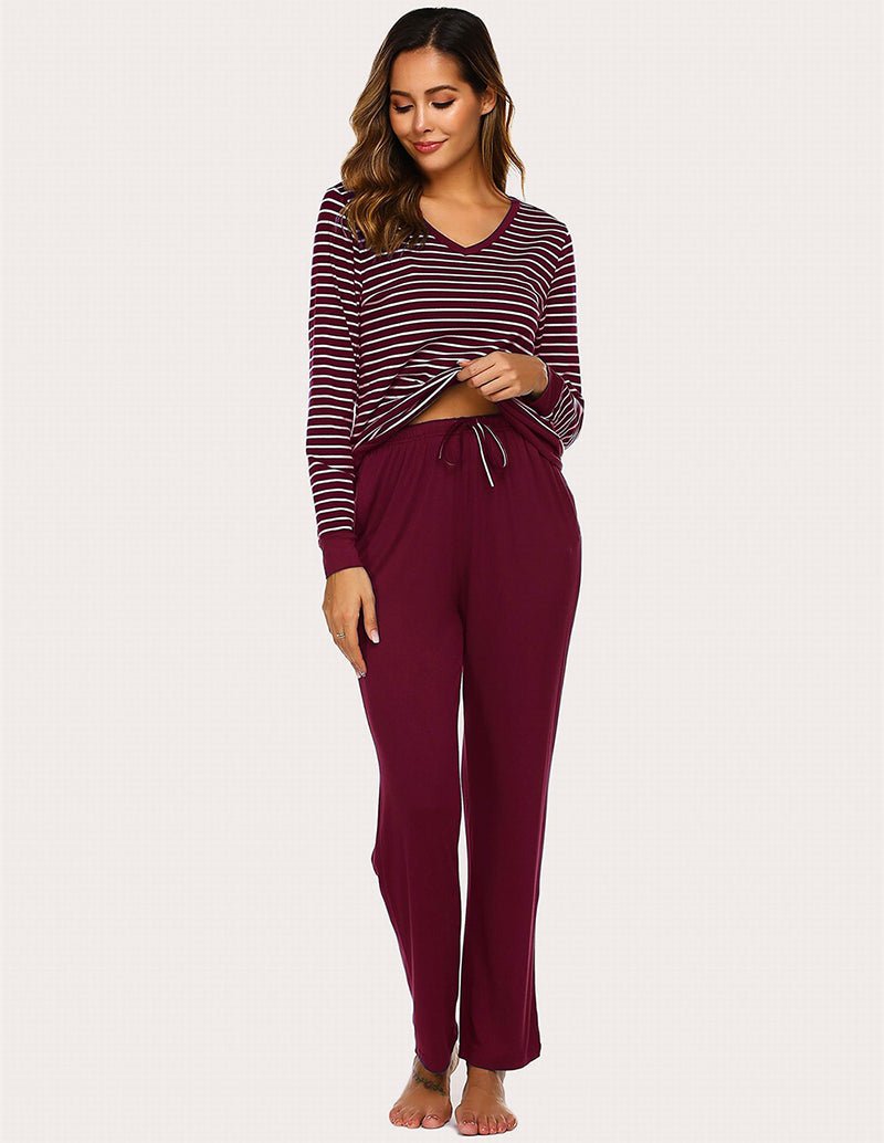 Wine red striped long-sleeve pajama top with solid wine drawstring pants