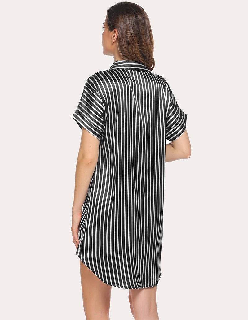 Black striped satin nightdress from back view, short sleeves and short hem