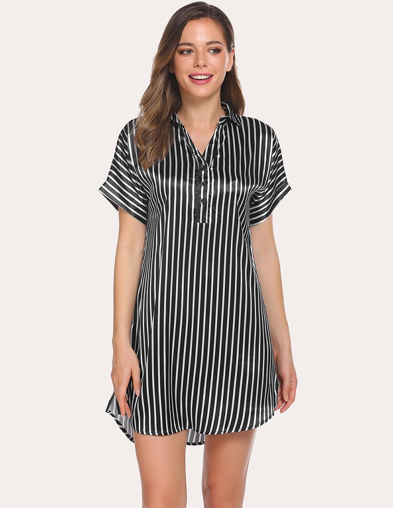 Black striped satin nightdress with button-front V-neck and short sleeves
