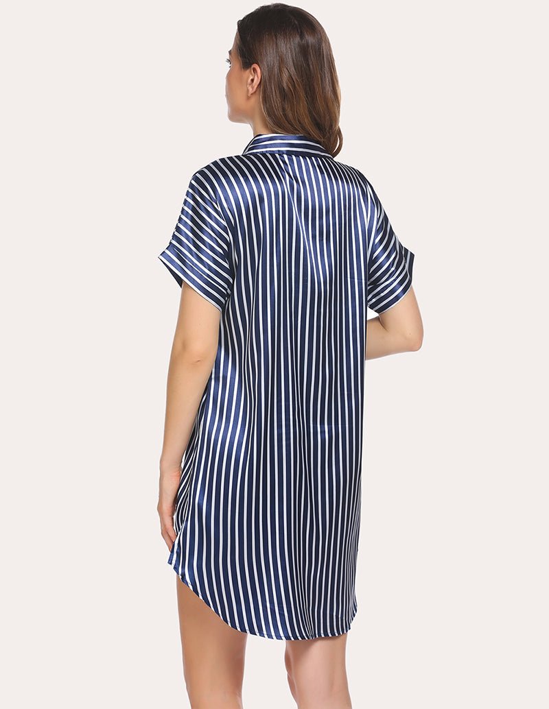 Navy and white striped satin nightdress, back view, short sleeves