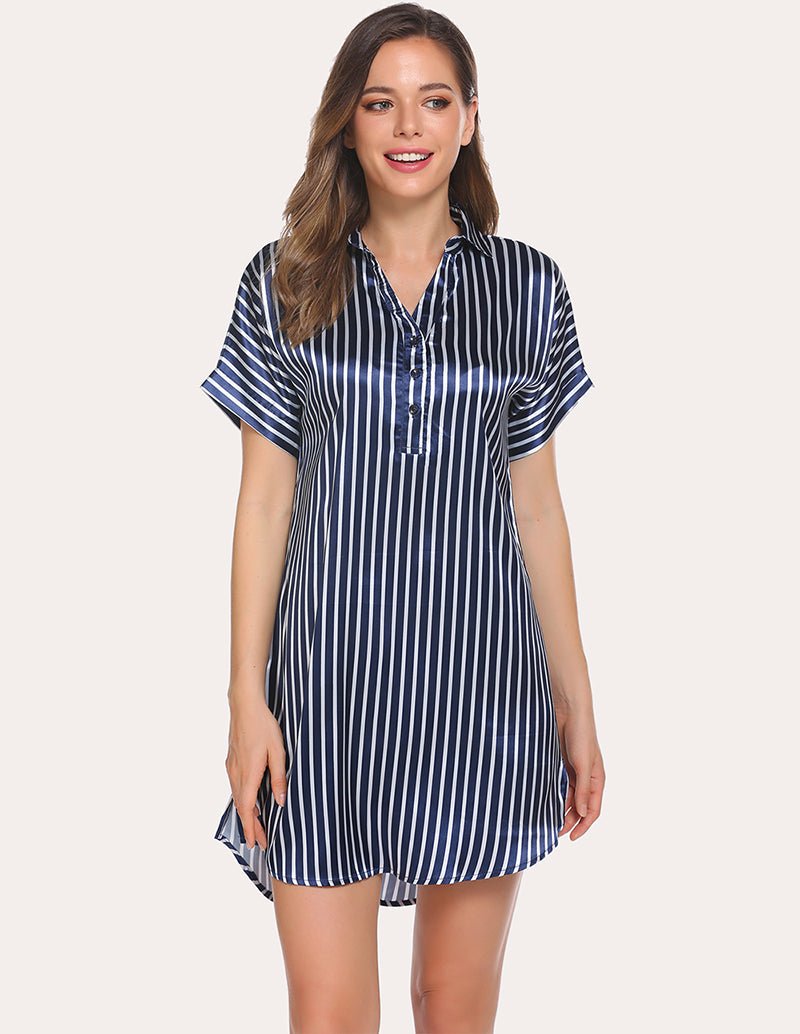 Navy and white striped satin nightdress, V-neck with button front