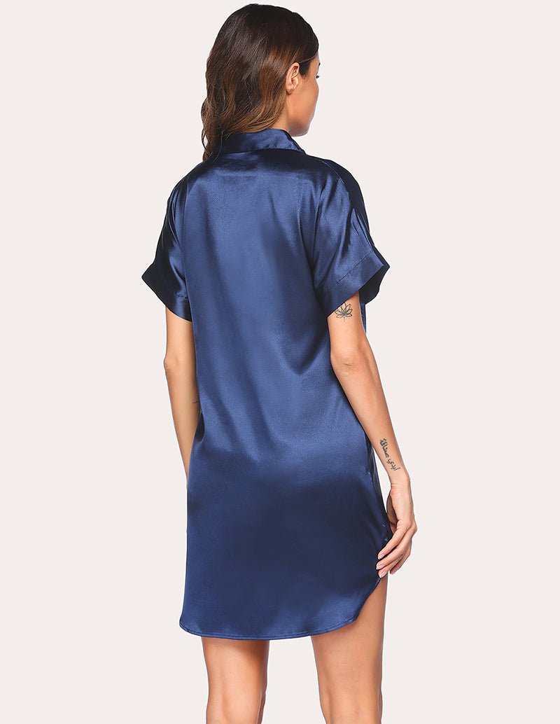 Blue satin nightdress back view, short sleeves and button placket