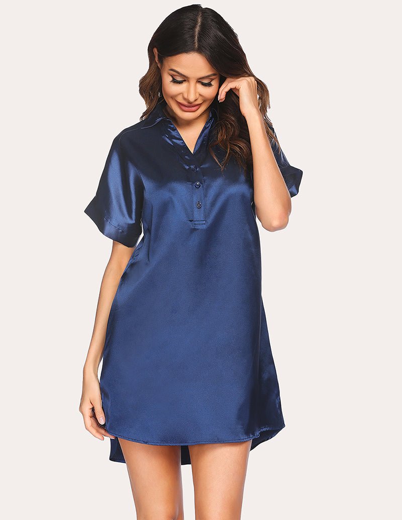 Blue satin nightdress with V-neck, short sleeves, button placket