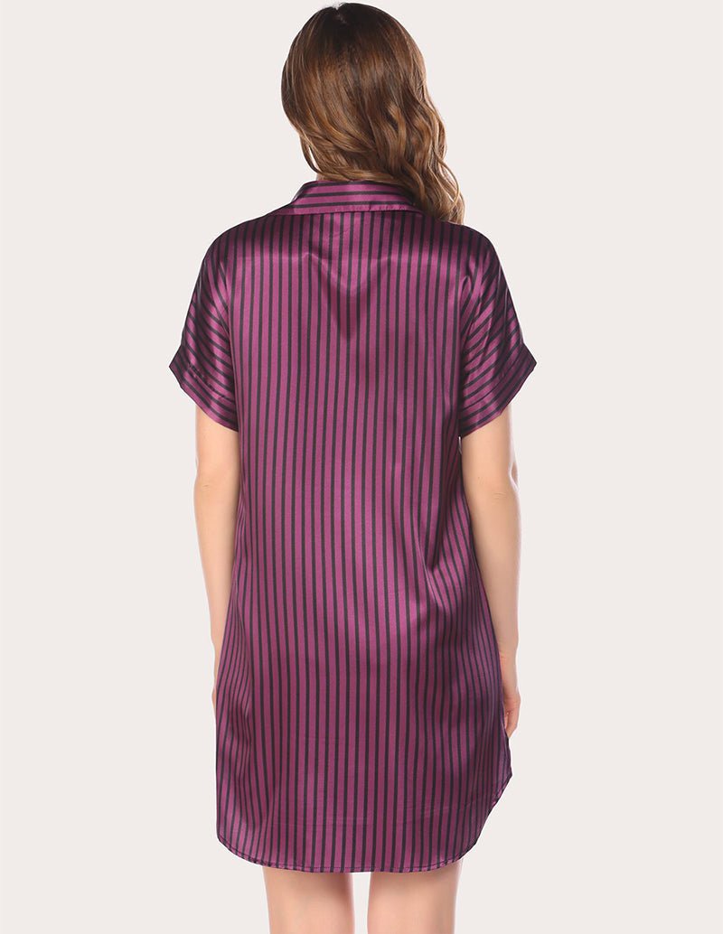Wine red striped satin nightdress from back view, short sleeves and short hem