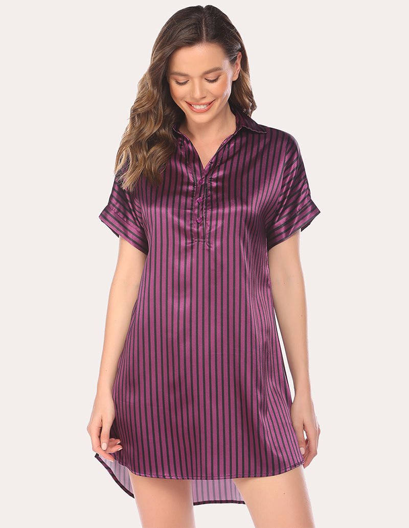 Purple wine-striped satin nightdress with button-front V-neck and short sleeves