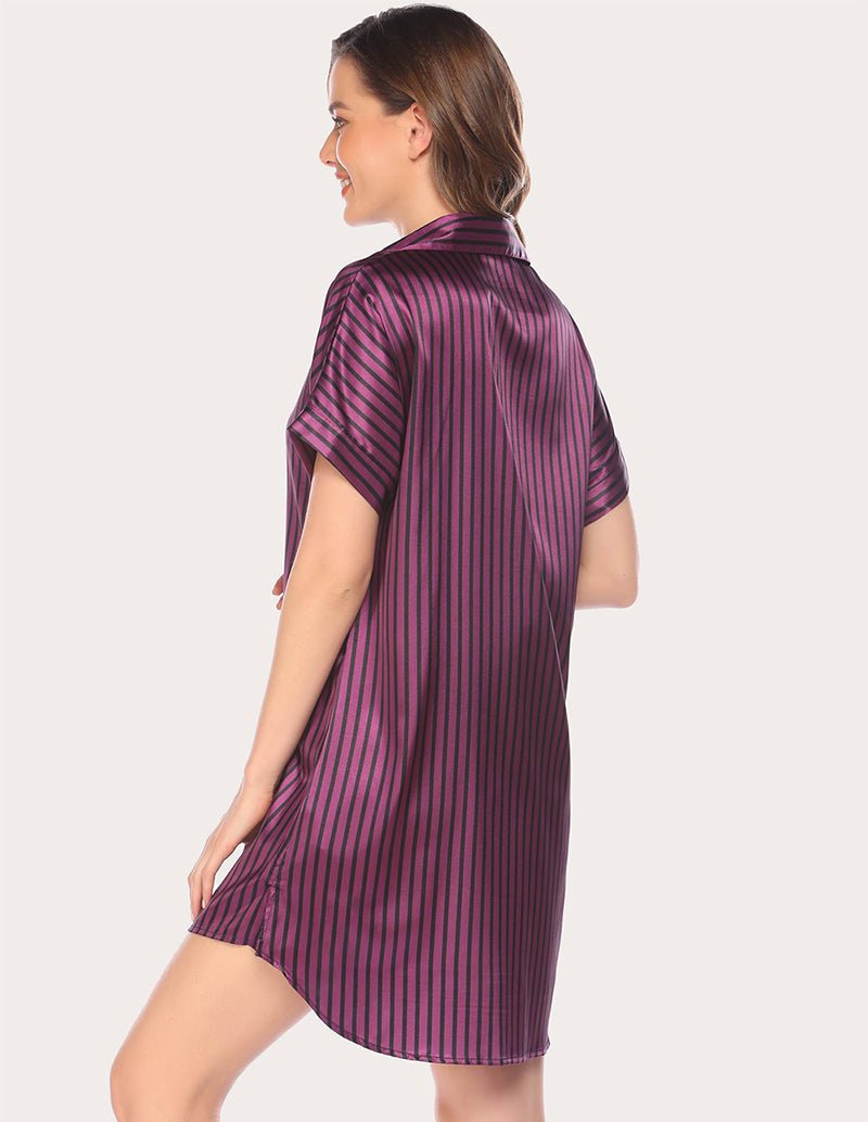 Wine red striped satin nightdress from side view, short V-neck and buttons