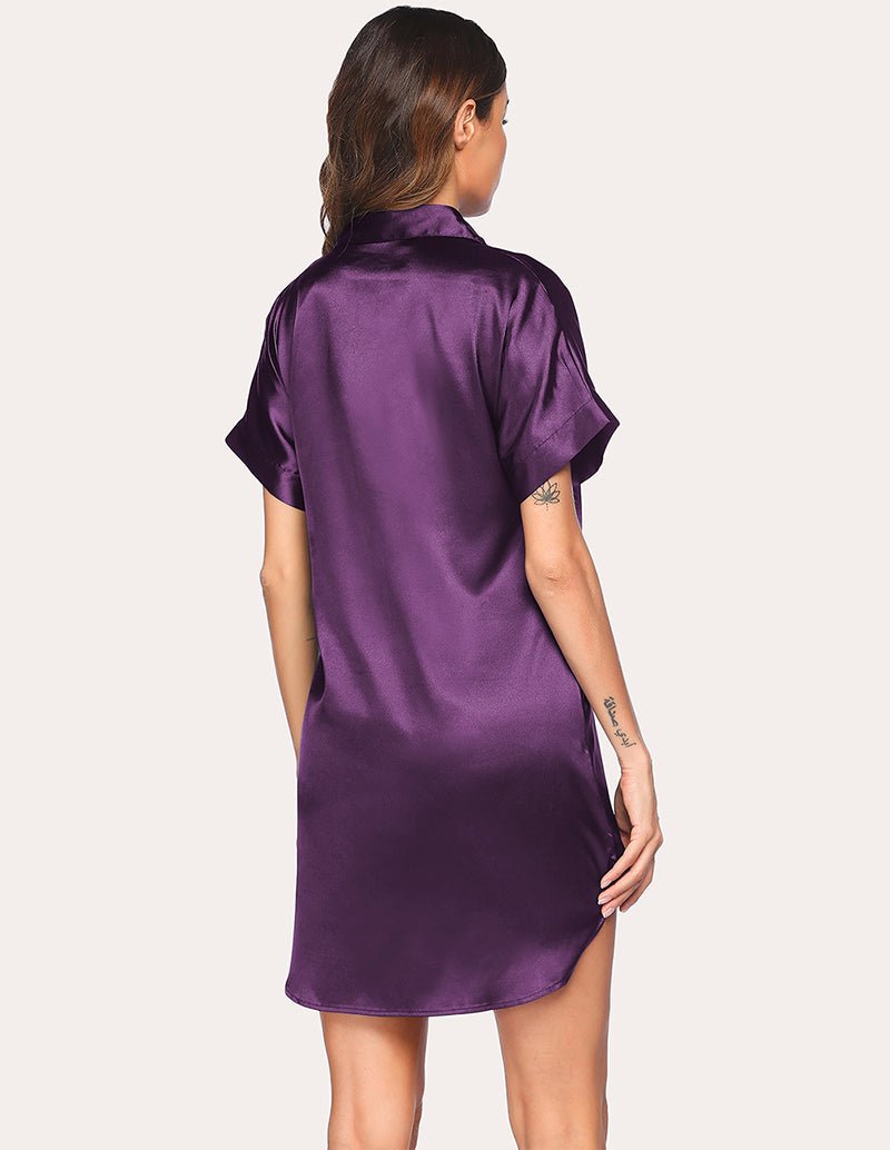 Purple satin nightdress with short sleeves and button-up back