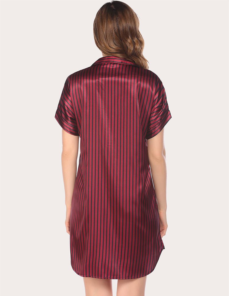 Wine red striped satin nightdress, short sleeves, button-up back view