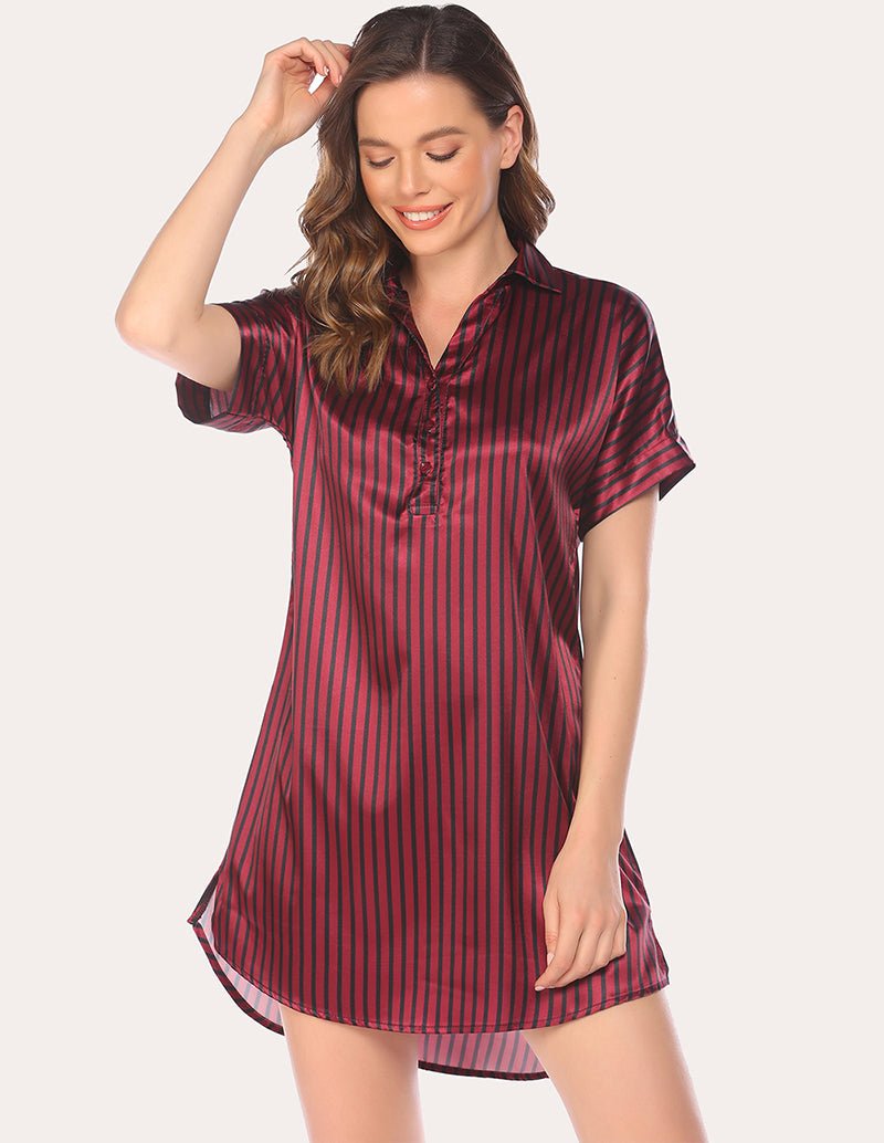 Wine red striped satin nightdress with V-neck, button front, and short sleeves