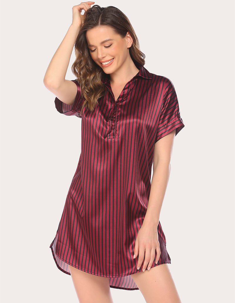 Wine red striped satin nightdress with V-neck, button front, and short sleeves