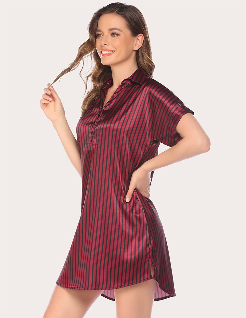 Wine red striped satin nightdress with V-neck and side-slit hem, short sleeves