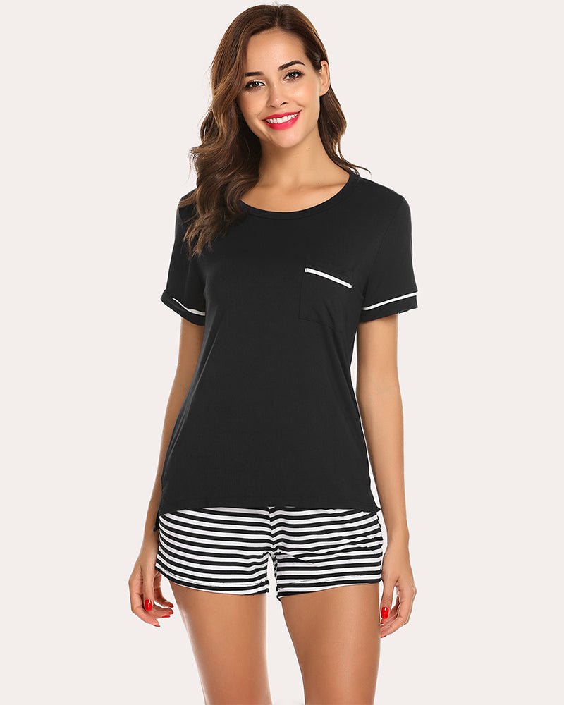 Black striped pajama set: short-sleeve tee with pocket and striped shorts