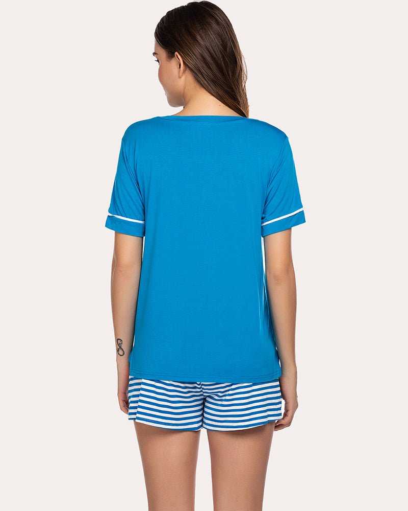 Back view of blue striped pajama set: short-sleeve tee and striped shorts