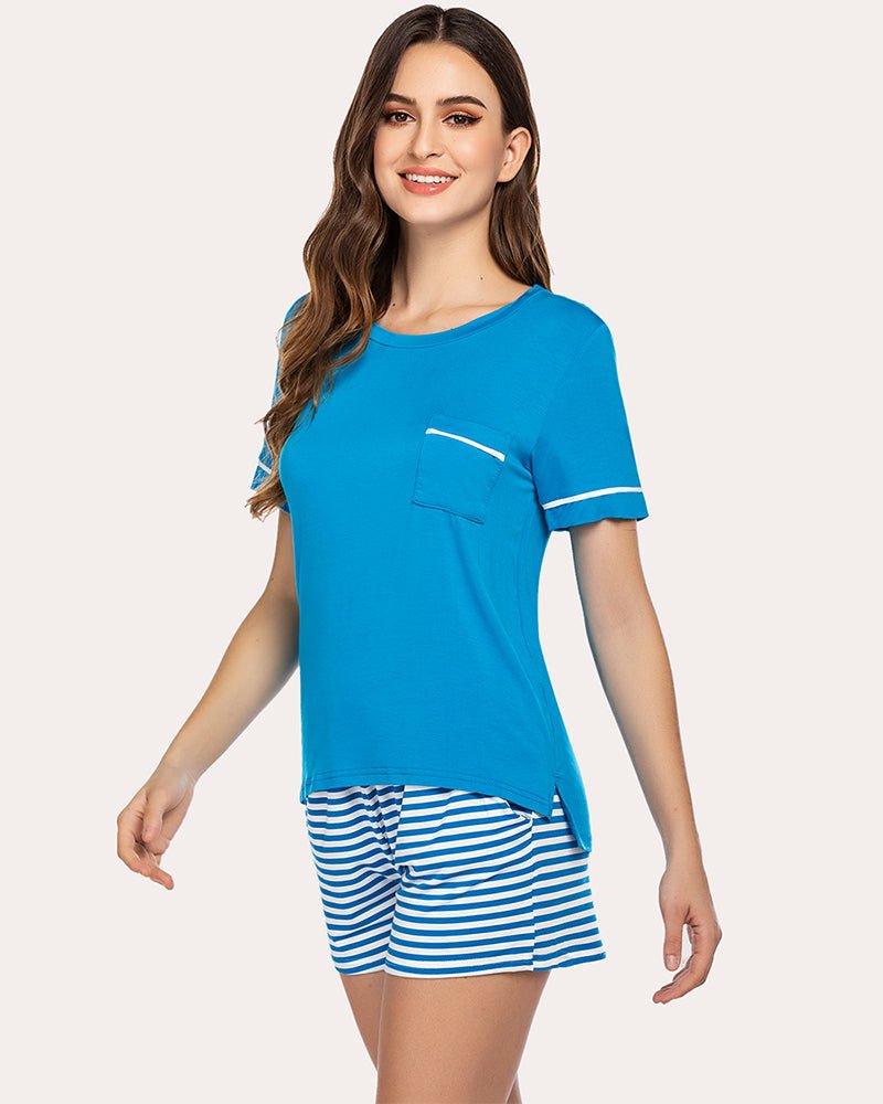 Blue short-sleeve pajama top with chest pocket and striped drawstring shorts