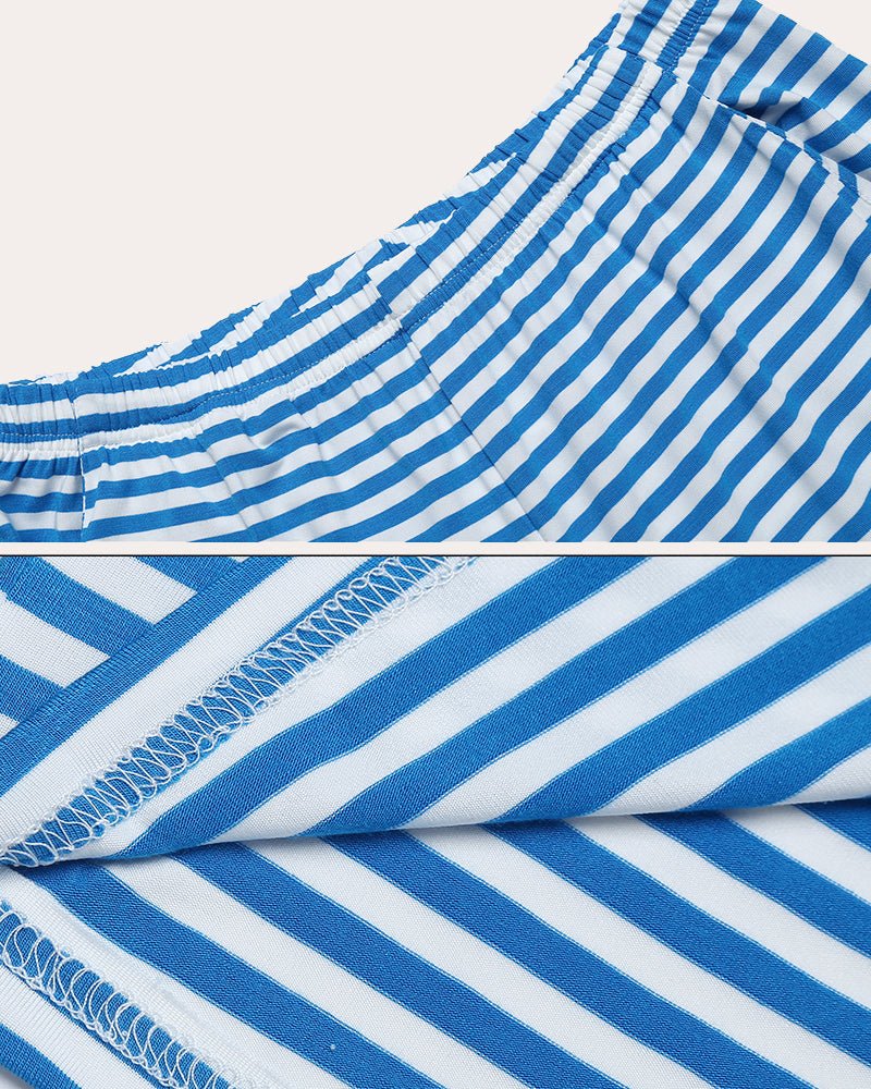 Blue-and-white striped pajama shorts with elastic waistband