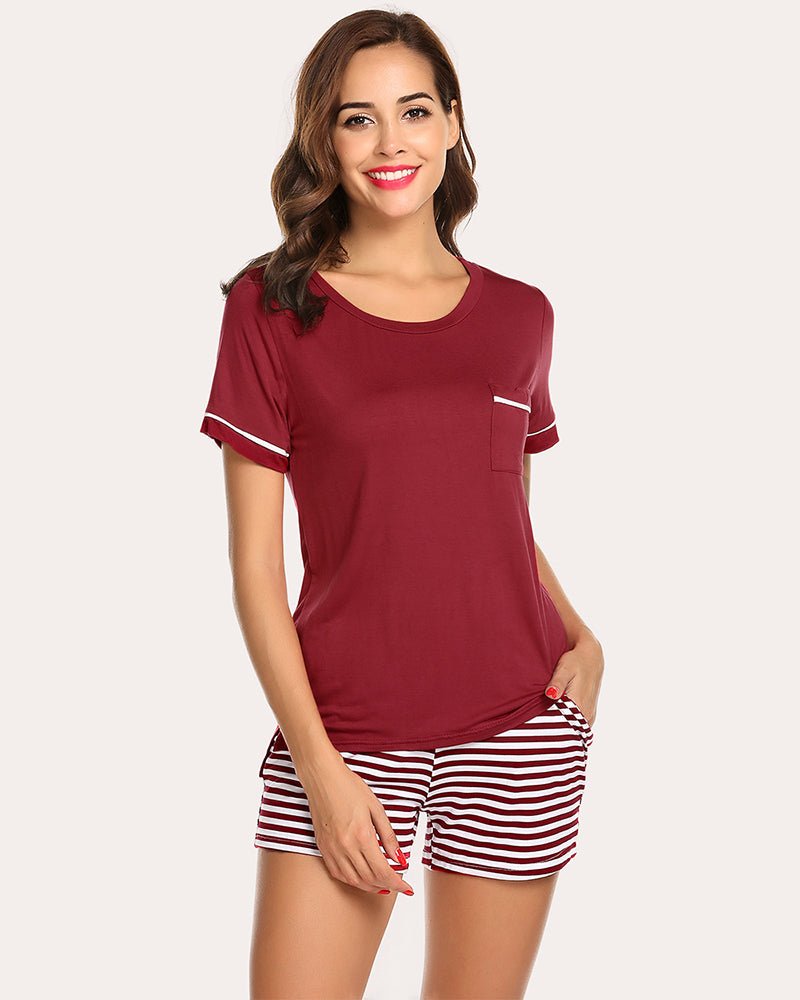 Wine red striped pajama set: short-sleeve tee pocket and striped shorts