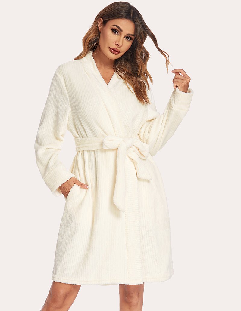 Womens textured robe, cream tone, V-neck wrap front and tied waist belt