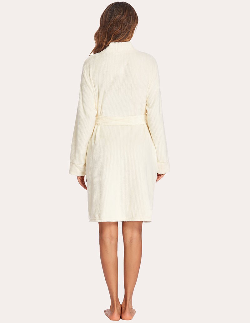Cream suede robe back view, tied waist belt, long sleeves, knee length