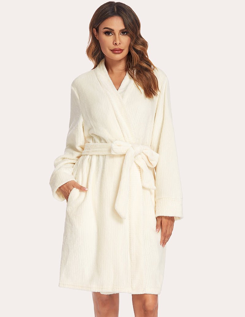 Cream suede robe, V-neck and tie belt, long sleeves, knee length