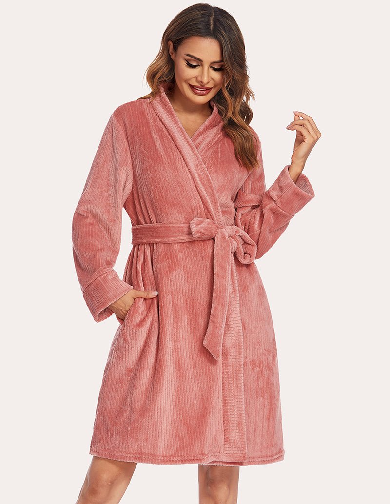Womens textured robe, rose pink tone, front wrap with V-neck and waist tie