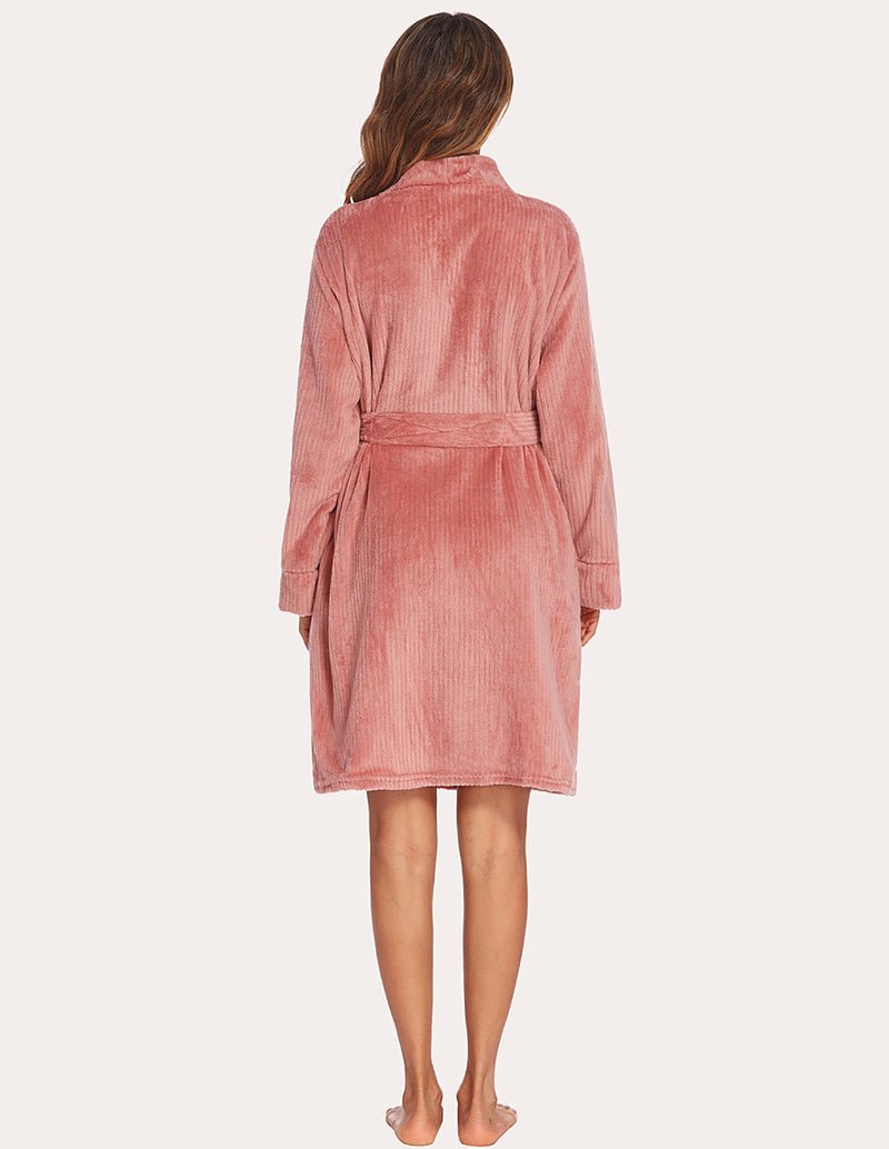 Womens textured robe, rose pink tone, back view with belt tied at waist