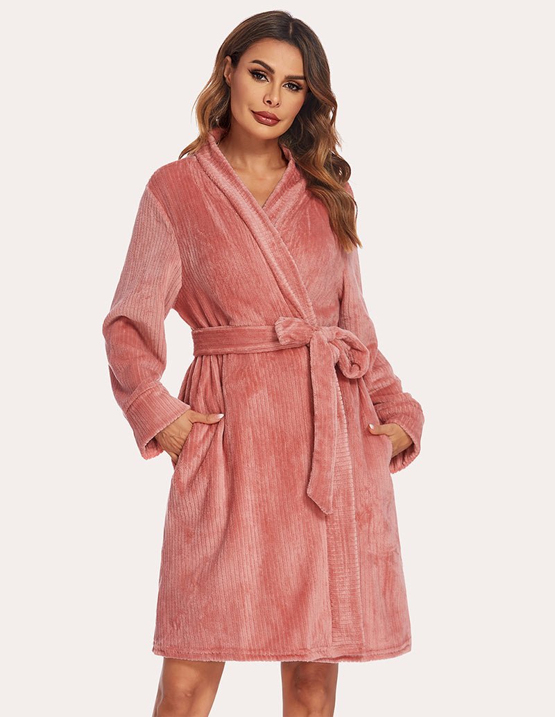 Womens textured robe, rose pink tone, V-neck wrap and tied waist belt