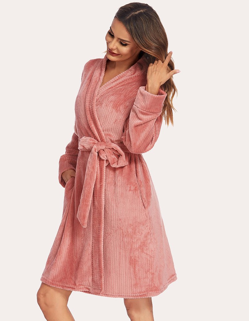 Womens textured robe, rose pink tone, angled front view with tied belt