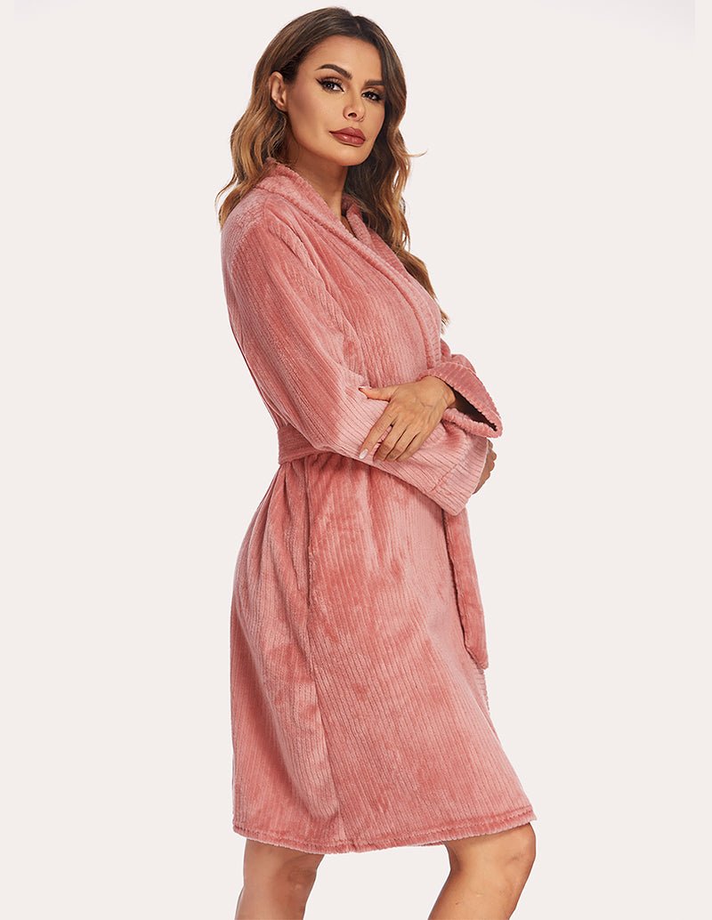 Womens textured robe, rose pink tone, side view with long sleeves and waist belt