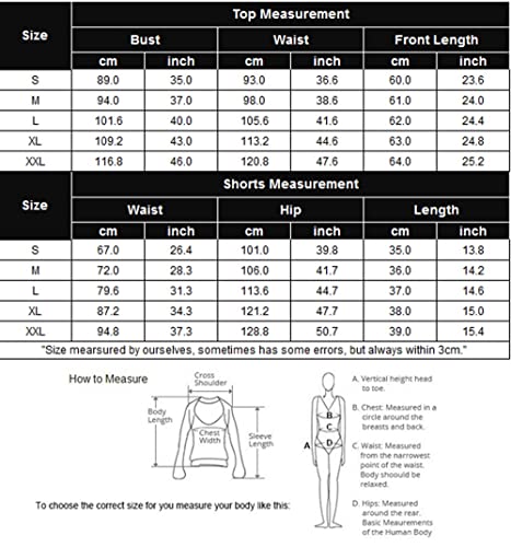 Size chart showing top and shorts measurements for a sleeveless pajama set