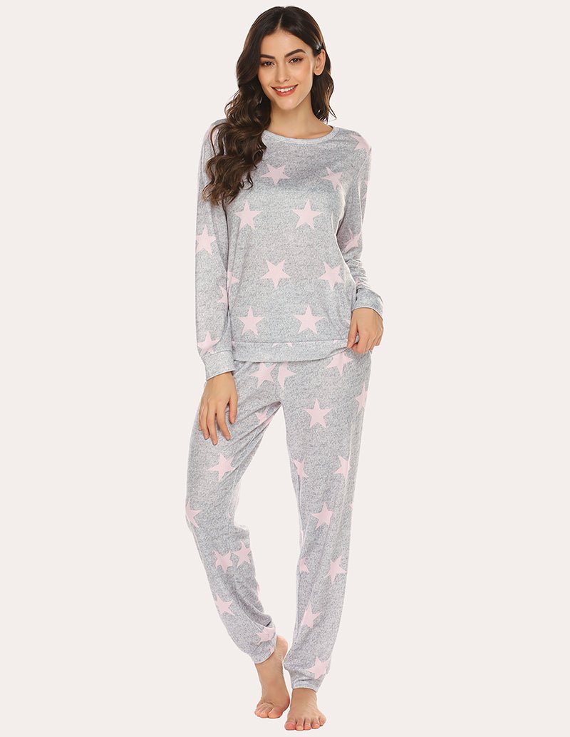 Gray star-print pajama set, pullover long sleeves and tapered ankle joggers