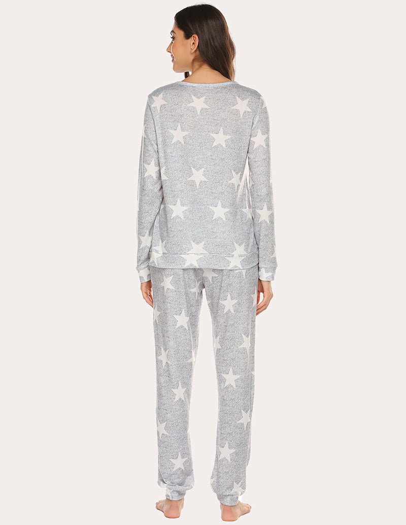 Back view gray pajama set with white stars, long-sleeve top and straight jogger pants
