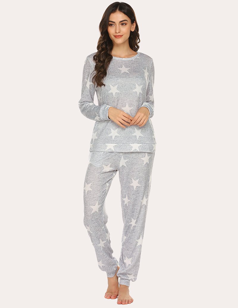 Gray star-print pajama set: crewneck long sleeves and cuffed ankle jogger pants