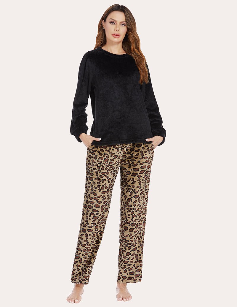 Women's fleece pajama set, black top with leopard print straight-leg pants