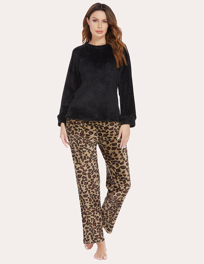 Black fleece pajama set: long-sleeve top with leopard-print pants