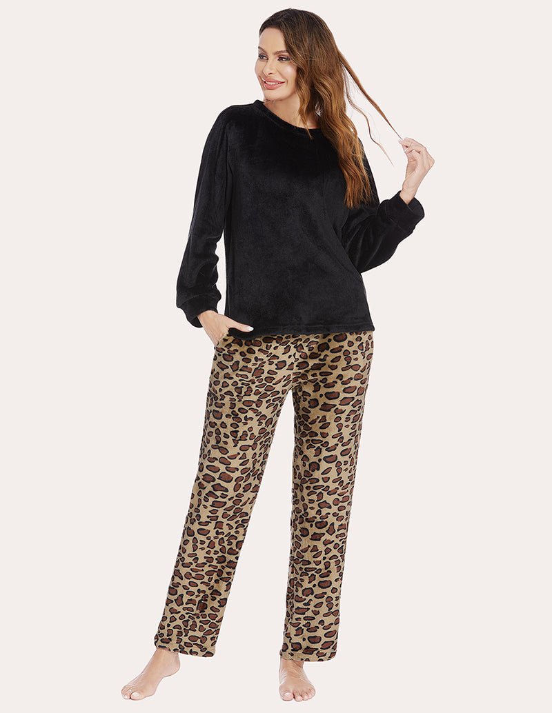 Women's fleece pajama set, black top paired with leopard print lounge pants