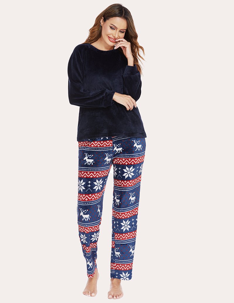 Women's fleece pajama set, navy top with reindeer print pajama pants