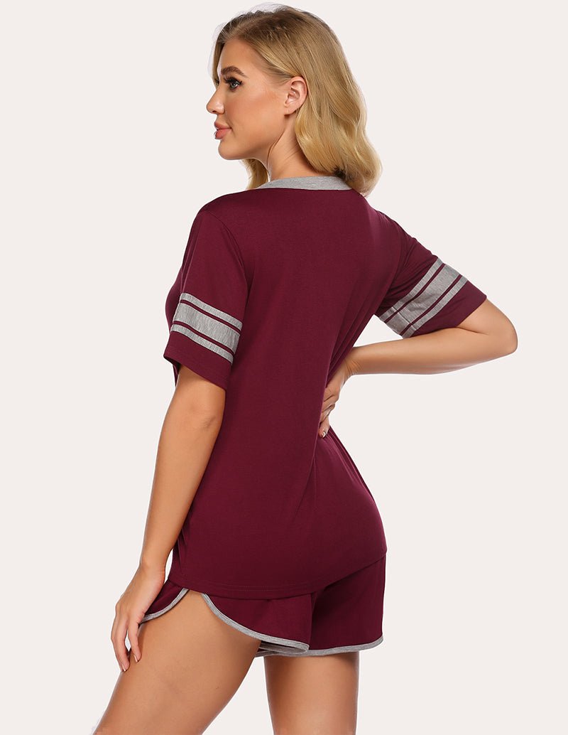 Wine red pajama set, back view, short-sleeve top and matching shorts with trim