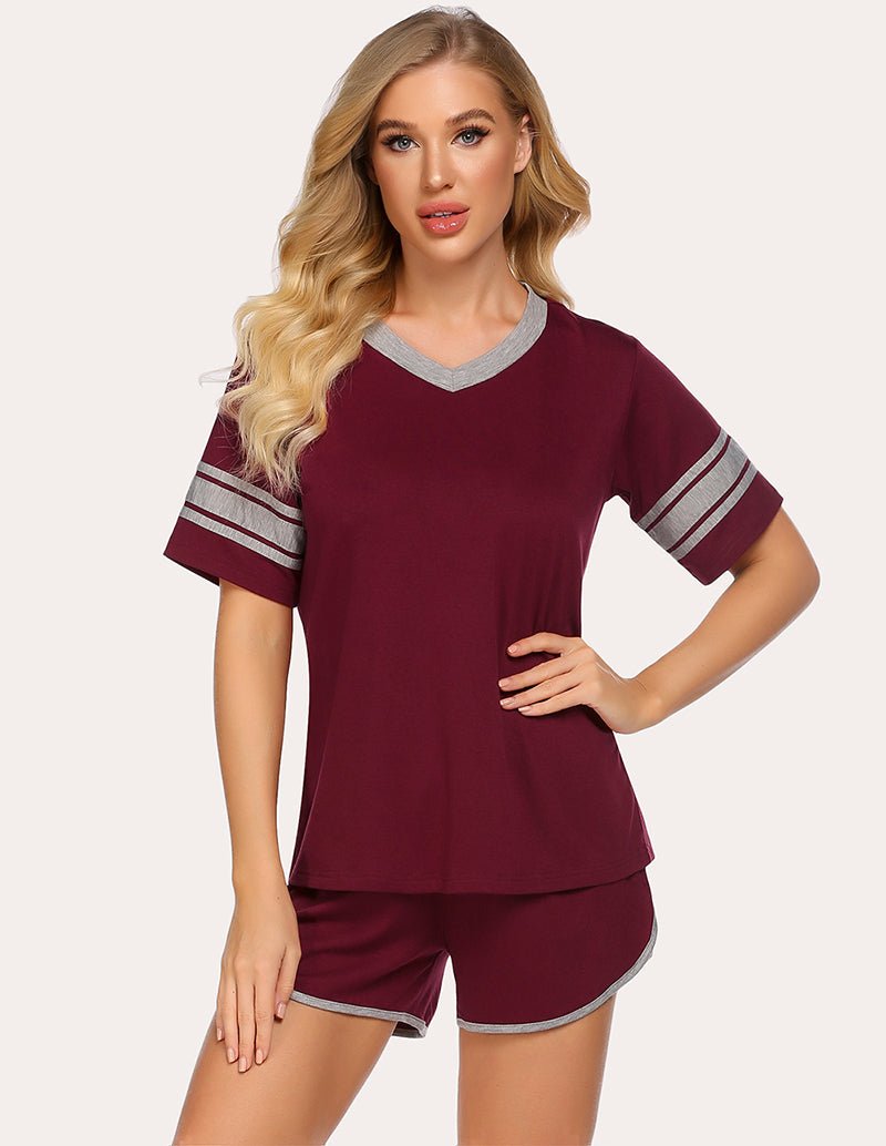 Wine red sweet pajama set with V-neck top and striped sleeve cuffs, matching shorts