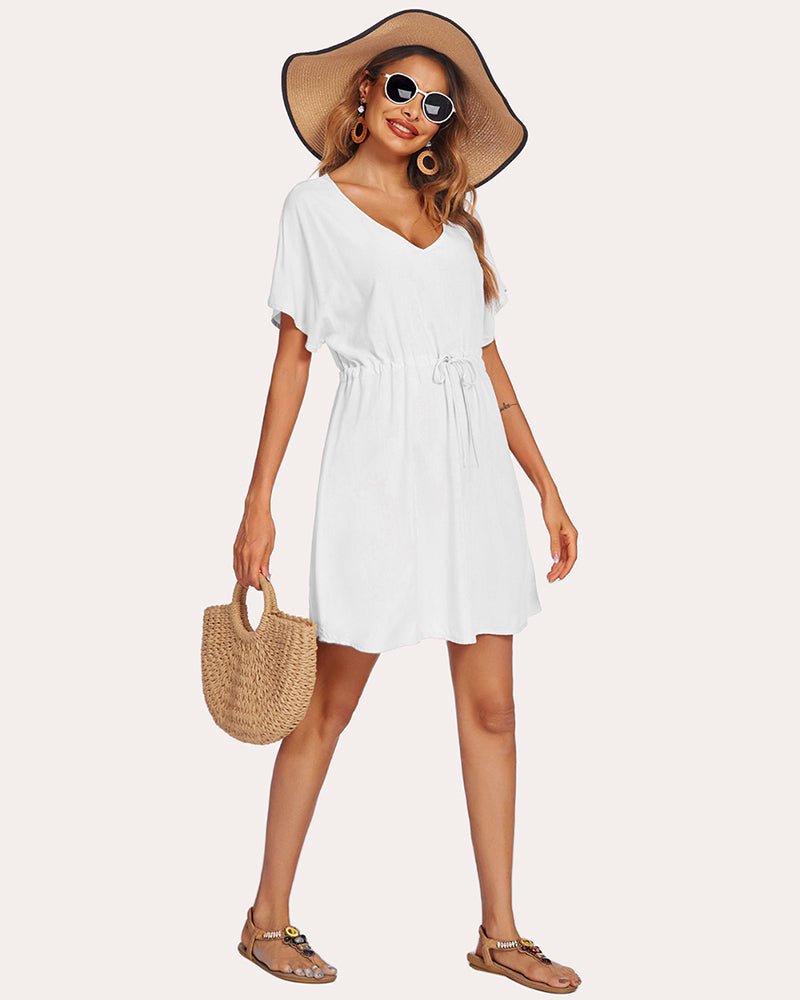 White V-neck swim cover-up mini dress with drawstring waist