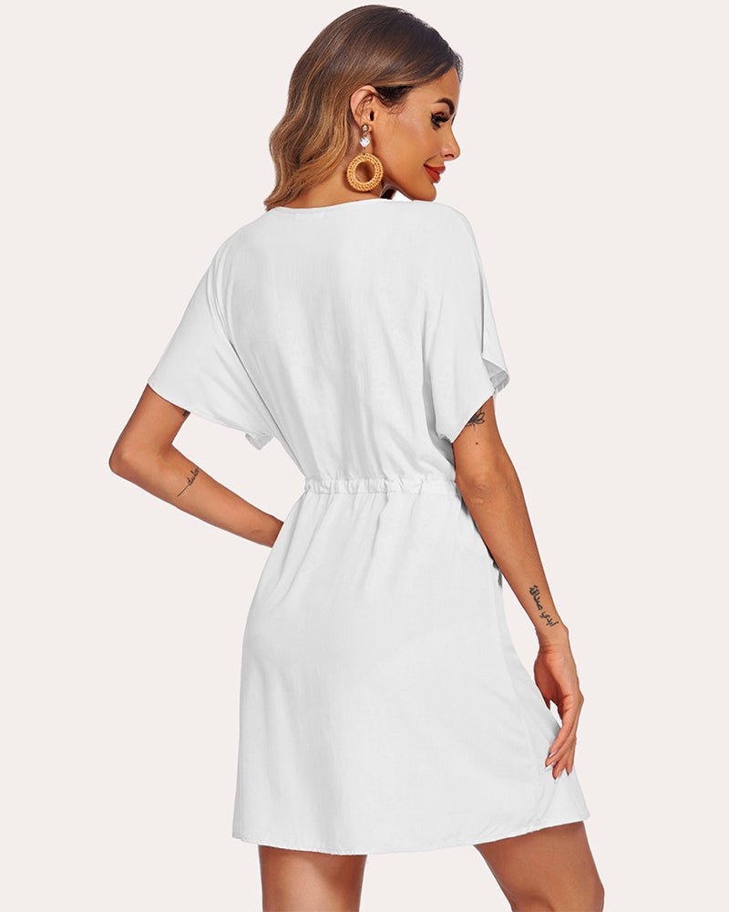 White swim cover-up mini dress, short sleeves, gathered drawstring waist