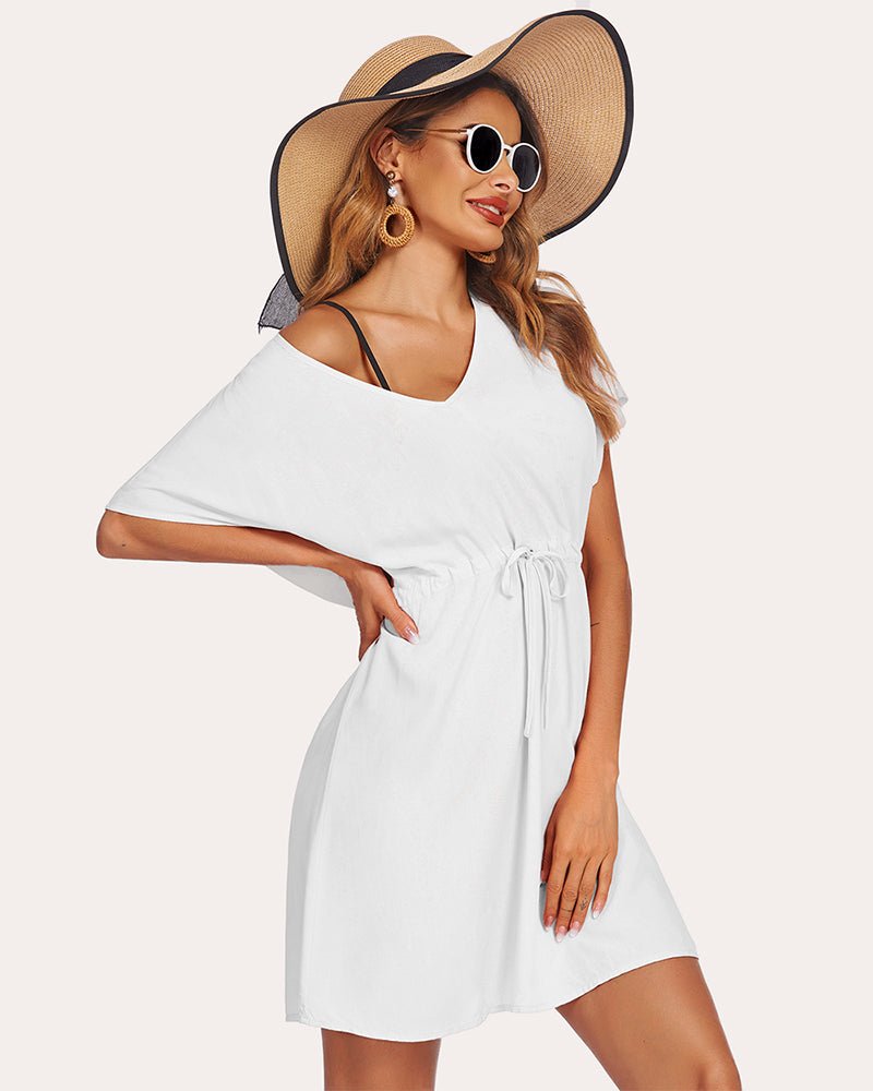White swim cover-up dress, short sleeves, drawstring waist