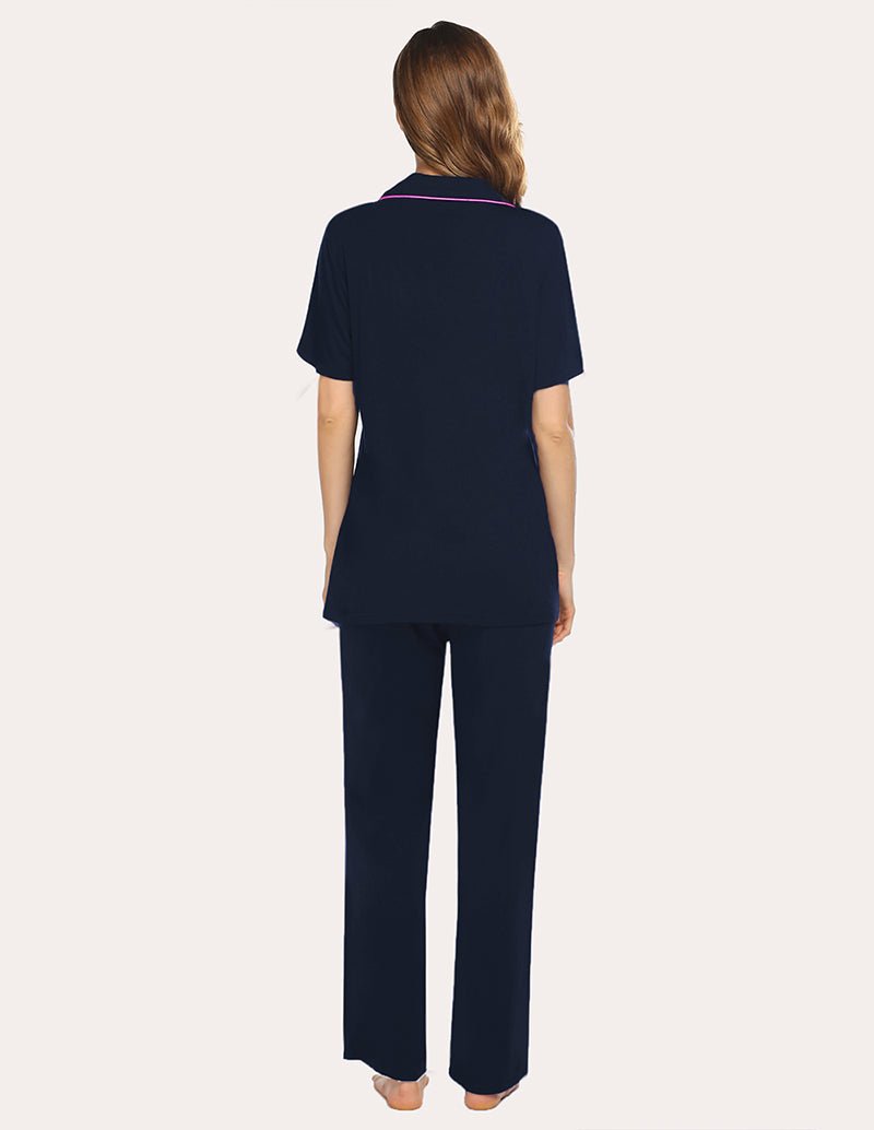 Back view of navy button-front pajama set with short sleeves and long pants