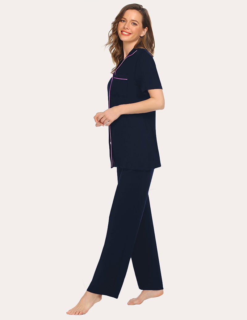 Navy short-sleeve pajama top and straight-leg pants, side profile