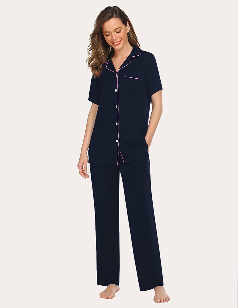 Navy short-sleeve pajama set with front buttons and contrast pink piping